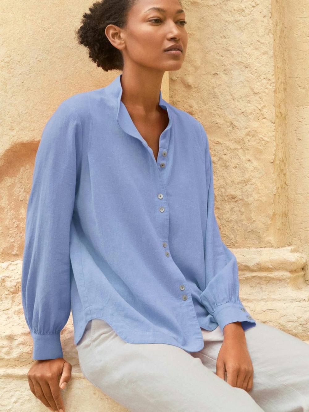 NWOT Poetry Linen Blend Shirt Blouse Size 12 Blue Relaxed Coastal Quiet Luxury
